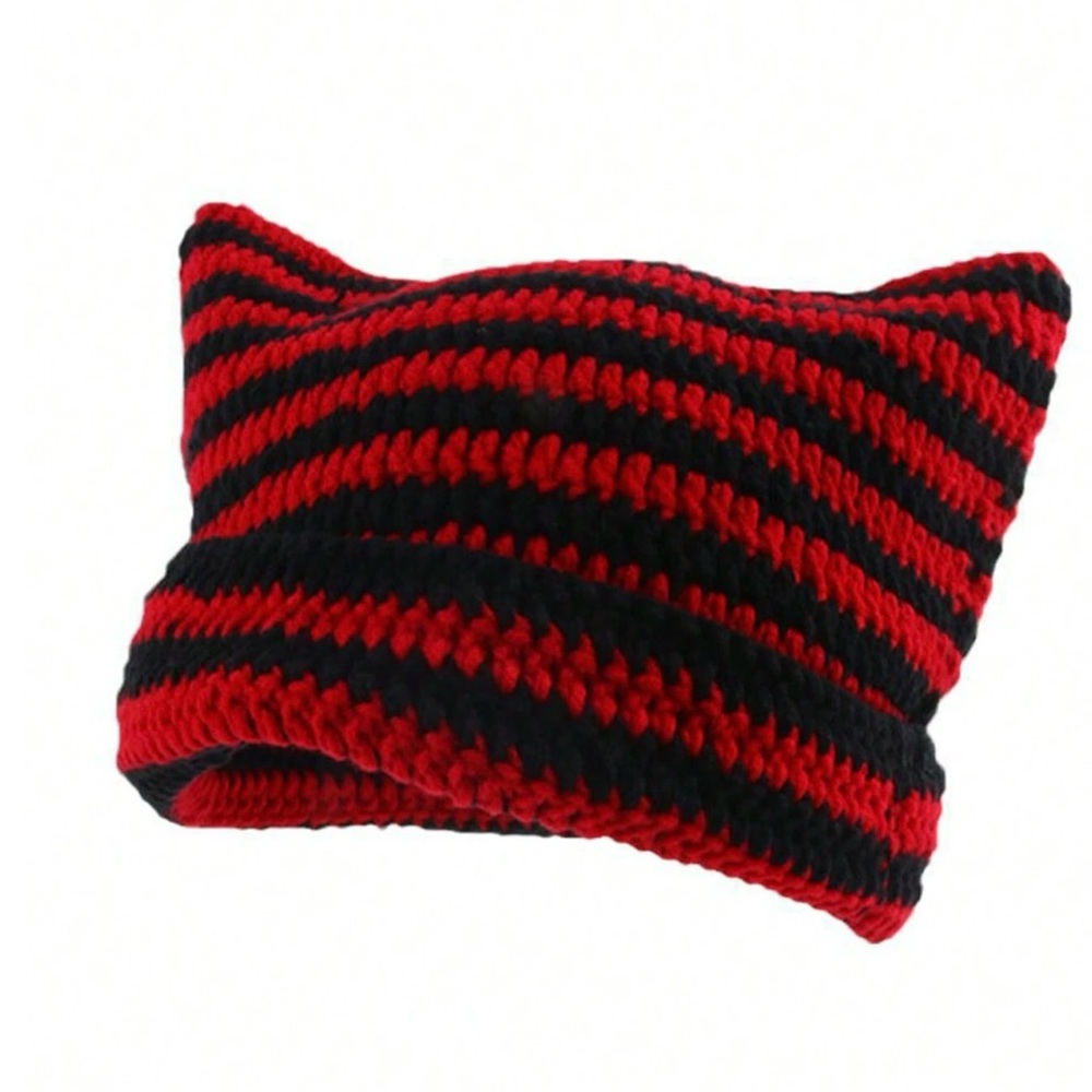 Handmade crochet cat ear beanie red and black